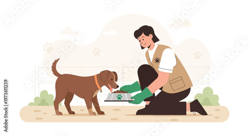 Caring person feeding dog in outdoor enclosure, pet care, animal love, healthy food