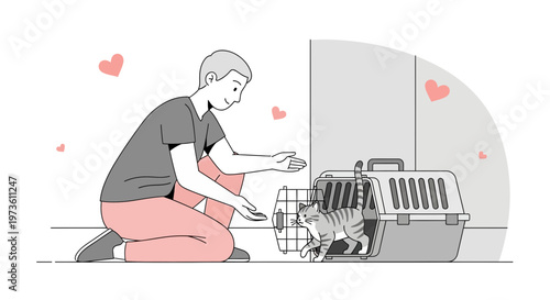 Caring Person Helping Cat Enter Carrier for Travel or Vet Visit