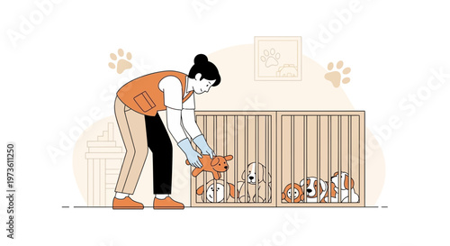 Caring person plays with puppies in a kennel, animal shelter, dog adoption concept