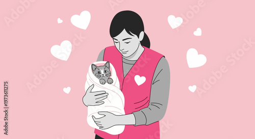 Caring woman holding a cute kitten wrapped in a blanket, surrounded by hearts
