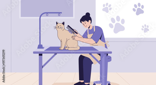 Cat Grooming: Professional grooming of a cat's fur with a comb by a groomer
