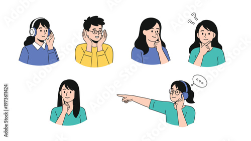 Seven characters demonstrating different senses and actions including listening with headphones, thinking, pointing, and touching their face.