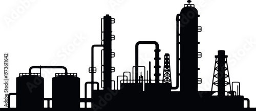 Refinery skyline silhouette with storage tanks and towers