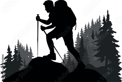 Trekking poles and backpack gear silhouette in forest