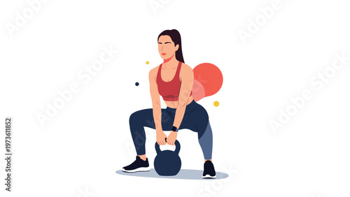Athletic woman performing a kettlebell sumo squat exercise to build strength and endurance during a fitness workout session.