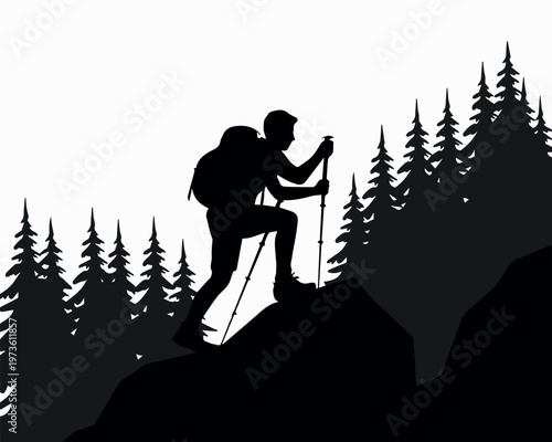 Hiker silhouette on rock with pine forest backdrop