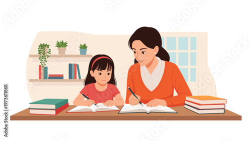 Mother helping her young daughter with school homework at a desk with books and plants in a cozy home environment.