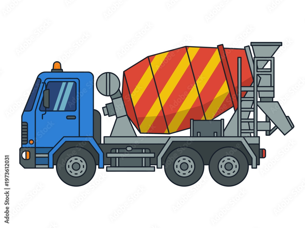 Fototapeta premium Flat cement mixer truck side view, clean minimal construction transport on white