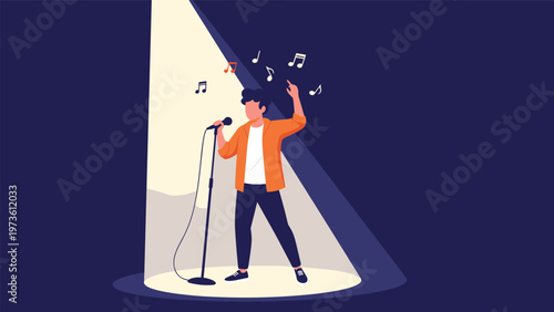 Talented male singer performing a song under a bright spotlight on a dark stage with musical notes floating around him.