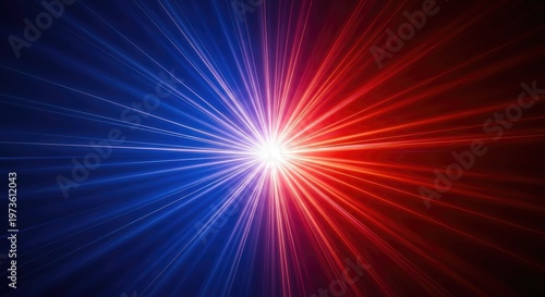 Vibrant light explosion with radiant beams of blue and red
