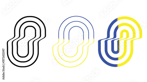 Abstract geometric logo design with three parallel wavy lines in black, blue and yellow