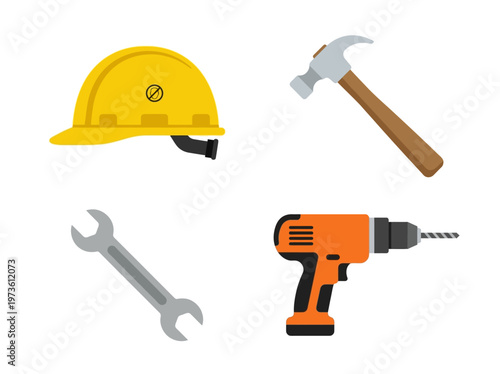 Flat construction tools set, clean minimal industrial icons on white background