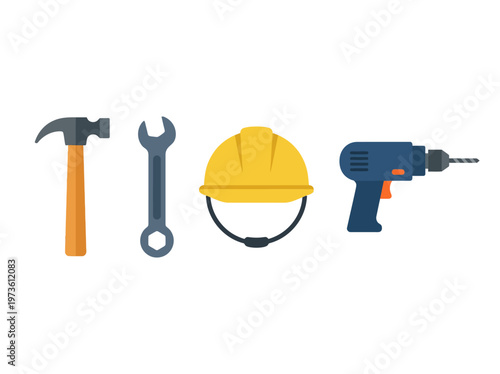 Flat construction tools set, clean minimal industrial icons on white background