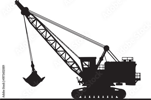 Silhouette of a Heavy Duty Dragline Excavator on White Background