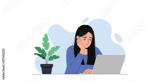 Stressed and bored young woman sitting at a desk with a laptop feeling exhausted and overwhelmed by work or study tasks.