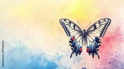 Detailed butterfly illustration with blue and red wing accents, against a vibrant yellow, pink, and blue watercolor splash background