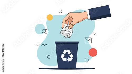 Human hand throwing crumpled paper into a dark blue recycling bin with the universal recycle symbol on the front side.