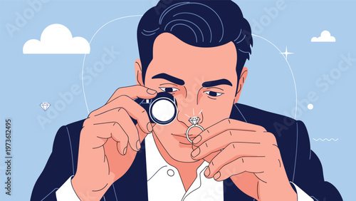 Professional jeweler using a magnifying loupe to inspect the quality and clarity of a diamond ring on a blue background.