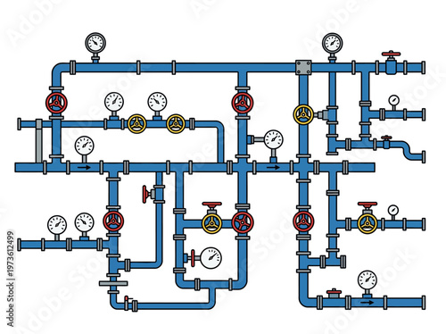 Flat industrial pipeline with valves and gauges, clean minimal layout on white