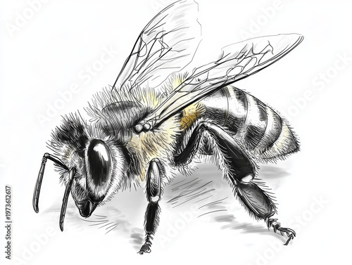 Detailed hand-drawn fuzzy bee: black, white, yellow accents, intricate fur, delicate veined wings, and segmented legs