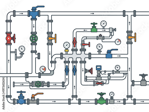 Flat industrial pipeline with valves and gauges, clean minimal layout on white