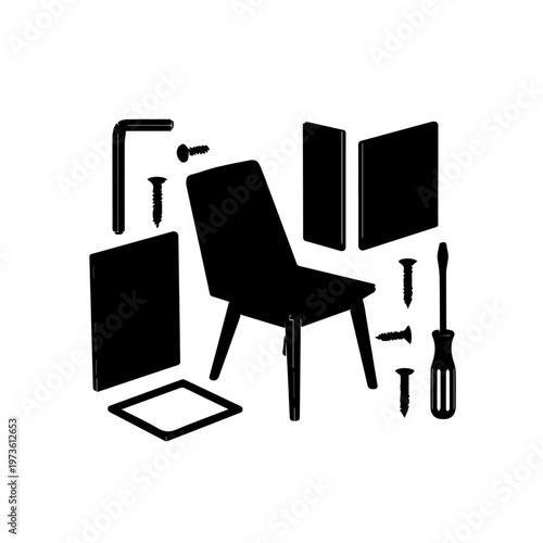 flat pack furniture assembly showing chair components screws and a screwdriver for a diy home improvement project