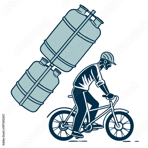 Man riding bicycle carrying large gas cylinders on back