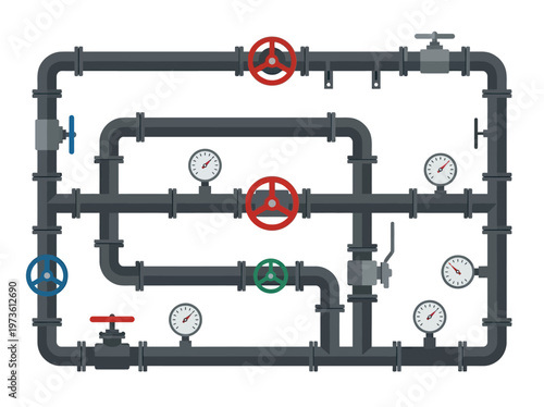Flat industrial pipeline with valves and gauges, clean minimal layout on white