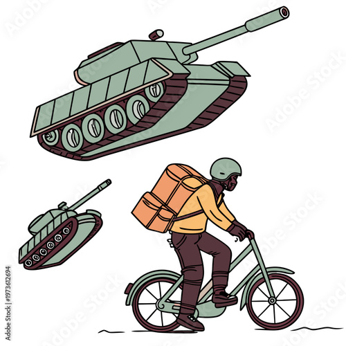 A cartoon illustration of a delivery person riding a bicycle with tanks flying above