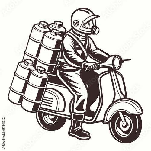 Man in a protective suit riding a scooter loaded with gas cans