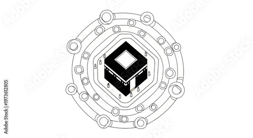 Islamic Kaaba icon in Mecca, religious pilgrimage symbol with circular geometric patterns, black and white spiritual vector illustration for Hajj and Umrah