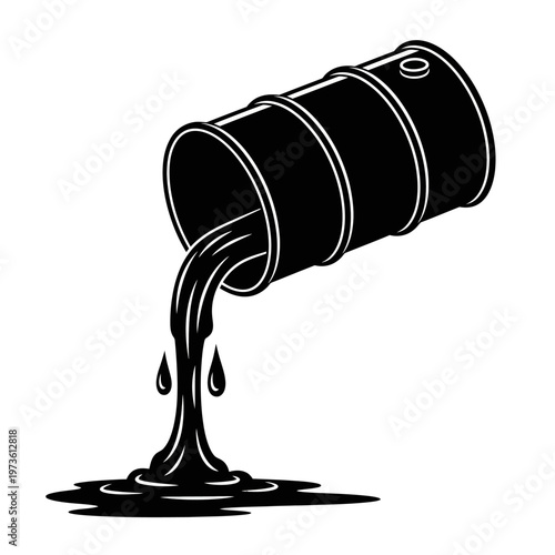 black oil barrel spilling crude oil creating an oil slick and pollution depicting environmental issues and industrial waste.