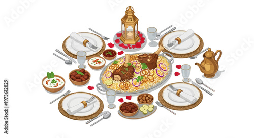 Traditional Arabic Mandi Lamb and Rice Feast, Middle Eastern Iftar Dinner Table with Lantern, Islamic Ramadan Food Celebration Vector