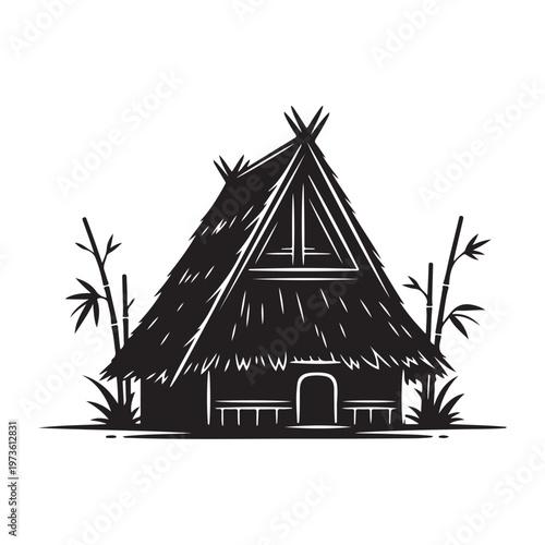 A frame cabin Eco-Resort Hut with thatched roof surrounded by tropical palm trees and vegetation.