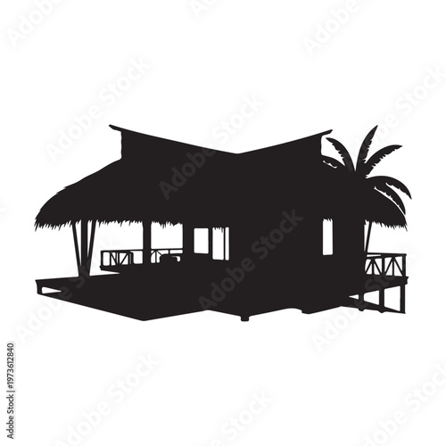 A frame cabin Eco-Resort Hut with thatched roof surrounded by tropical palm trees and vegetation.