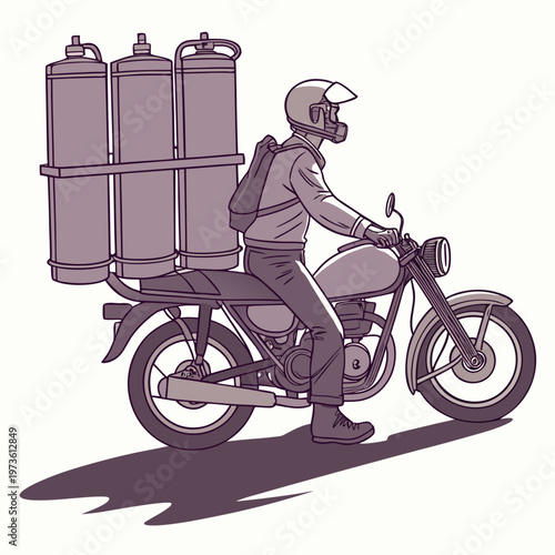 Delivery person riding motorcycle with large gas cylinders on back