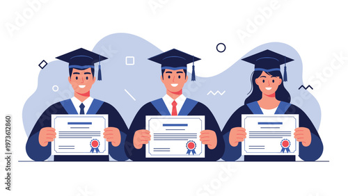 Group of happy young graduates wearing academic caps and gowns while proudly holding their diplomas after the ceremony.