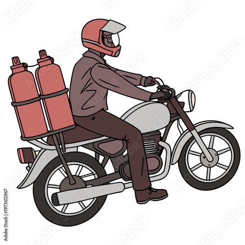 Delivery person riding motorcycle with oxygen tanks on back