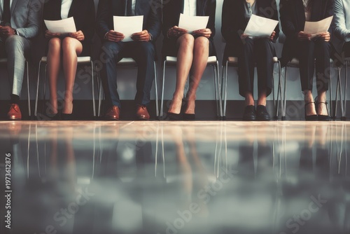 Group of job candidates sitting in waiting area for interview before potential employment opportunity