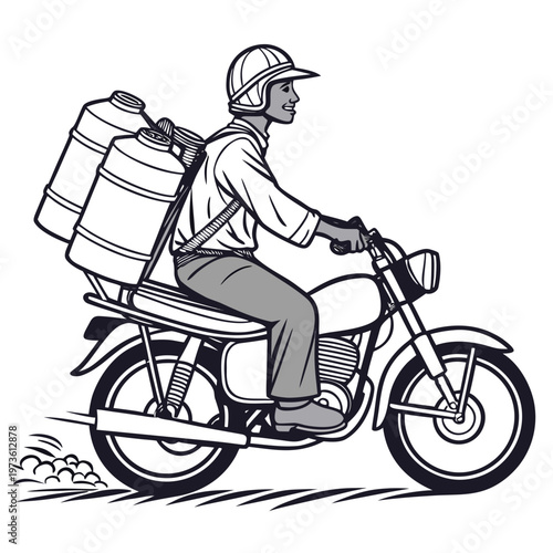 Man riding motorcycle with large sprayer tank on back for pest control services