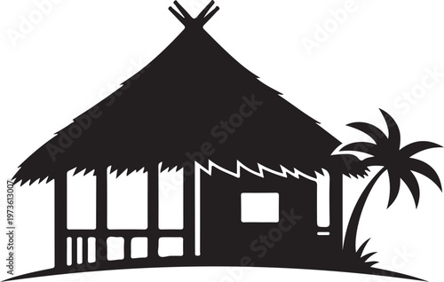 A frame cabin Eco-Resort Hut with thatched roof surrounded by tropical palm trees and vegetation.