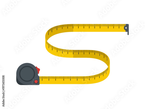 Flat measuring tape extended and curved, minimal tool on white background