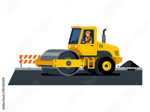 Flat road roller compacting asphalt, minimal roadwork machine on white background
