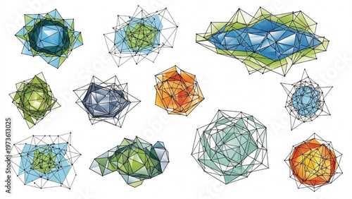 Geometric abstract shapes with vibrant colors and wireframe connections