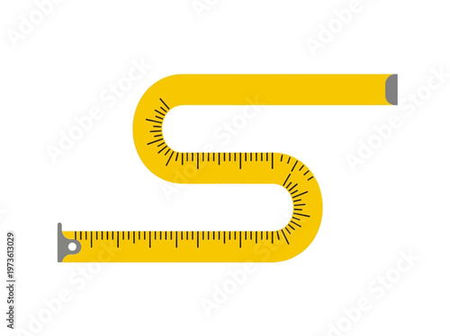 Flat measuring tape extended and curved, minimal tool on white background