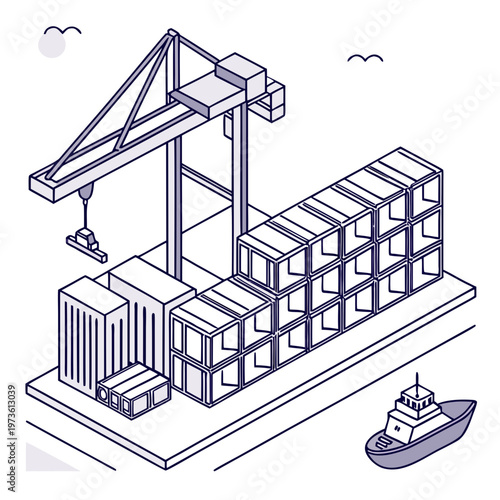 Isometric illustration of a cargo port with containers and a crane on a dock