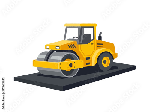 Flat road roller compacting asphalt, minimal roadwork machine on white background
