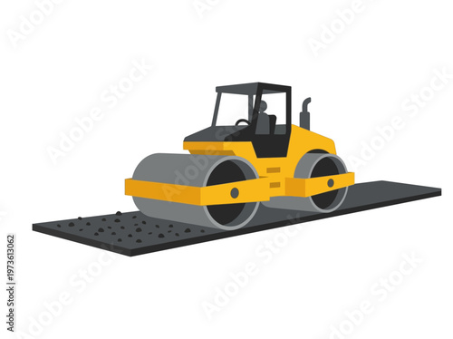 Flat road roller compacting asphalt, minimal roadwork machine on white background
