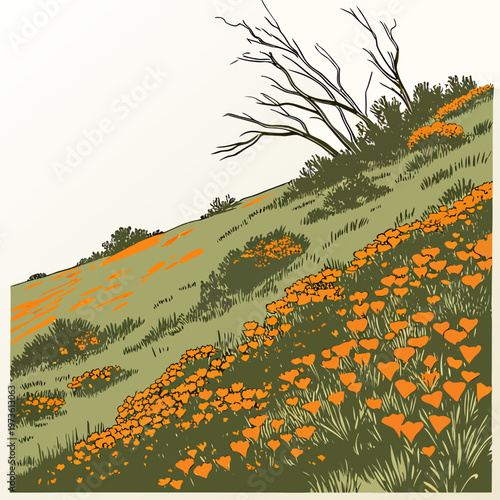 Vibrant orange poppies and green grass on a hillside with a bare tree, california poppy field scene