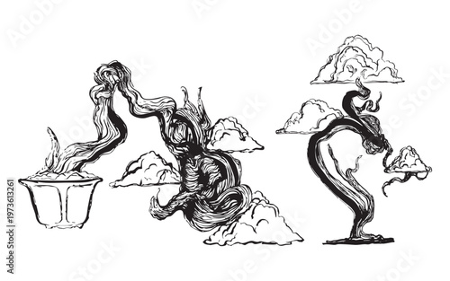 Hand-drawn bonsai trees with sculpted branches illustration